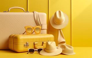 ai generado viaje concepto con Clásico maleta Dom sombrero Gafas de sol y playa bolso foto
