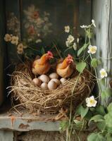 AI Generated Two little chickens and eggs in nest. Some chickens on straw in a nest full of eggs photo