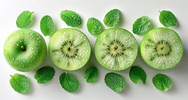 AI generated Creative layout made of green apple and kiwi on the white background. Flat lay. Food concept. Macro concept. photo