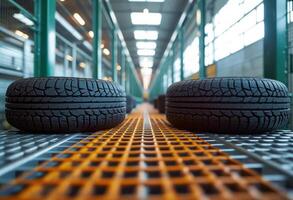 AI Generated Tires for sale at tire store. Some tires on a conveyor belt in a large warehouse photo