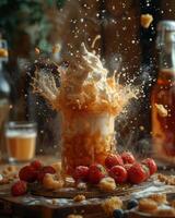 AI generated Delicious dessert is exploding from glass with whipped cream and strawberries photo