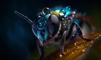 AI Generated Bluebottle fly is covered in water droplets photo