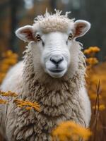 AI Generated Sheep looks at the camera in field of yellow flowers photo