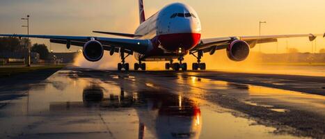 AI generated An a380 takes off from an airport runway. Airplane is taxiing on wet runway in the rain photo