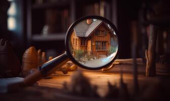 AI generated Magnifying glass and wooden house photo
