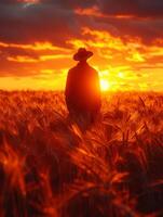 ai generado granjero es en pie en trigo campo a puesta de sol. retrato de granjero en grano campo a puesta de sol foto