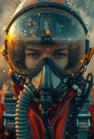 AI generated The pilot in the helmet is in full combat readiness in the smoke. Flight fighter wearing a helmet photo