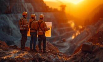 AI generated Three workers are standing on the top of the mountain while holding blueprints. photo