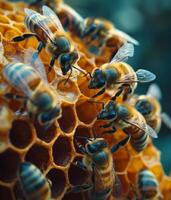 ai generado abejas construir panales con miel y el cera ellos Produce es el producto de su cuerpos' metabolismo. foto