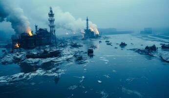 ai generado un aéreo imagen de un industrial complejo cerca. el petróleo refinería en antecedentes de congelado río a noche foto