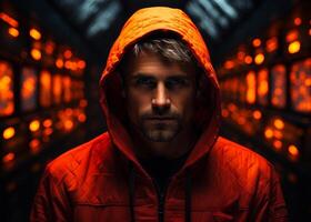 AI generated A man in hoodie is standing. A man wearing a vibrant red jacket stands in the middle of a tunnel. photo