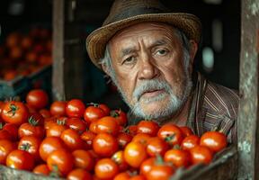 ai generado retrato de mayor hombre de venta Tomates a el mercado. retirado granjero cosecha arriba un caja de Tomates foto