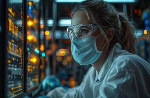 AI generated Several scientists working on a monitor in a lab. A woman wearing a white lab coat and protective goggles carries out a scientific experiment. photo