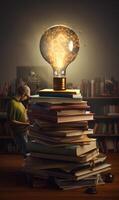 AI generated Man reading book and imagining he is on top of pile of books photo