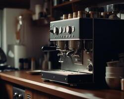 AI generated Professional espresso coffee machine standing on the wooden counter in the kitchen photo