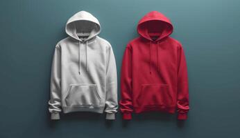 AI generated Two hoodies on green background. Red and white hoodie mockup photo