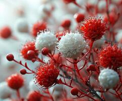 AI generated An extract from the flowering plant coulonia. A bunch of red and white flowers covered in snow, creating a beautiful winter scene. photo