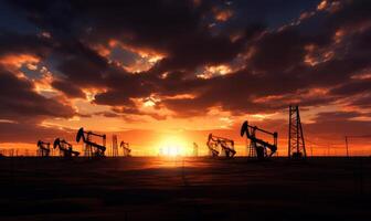 ai generado petróleo zapatillas son corriendo en el puesta de sol a el petróleo campo. el silueta de el petróleo bomba es de cerca. 3d ilustración. foto