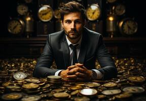 AI generated Businessman with a tie holding up dollar coins. A man is seated in front of a substantial heap of gold coins, admiring the treasure. photo