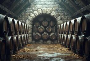 AI Generated Wine cellar with row of oak barrels. photo