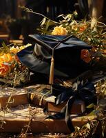 ai generado graduación gorra y gorra en el parque. un graduación gorra se sienta en un apilar de libros, simbolizando académico logro y el terminación de estudios. foto