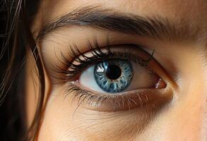 AI generated Blue eyes close up of a pregnant woman. A detailed photograph capturing a close up view of a single blue eye. photo