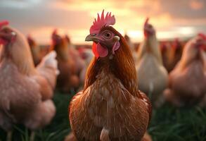AI generated Chicken stands in field with other chickens. Group of large chickens sit on the grass at sunrise photo