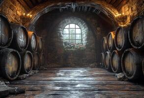 AI Generated Old wine barrels in the wine cellar with window at night. Cellar of a winery with wine barrels coming out of the stone wall photo