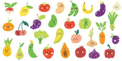 Set of hand drawn cute fruits and vegetables in kawaii style. Healthy fresh food full of vitamins, funny kids characters. vector