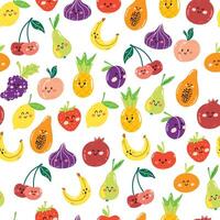 Hand drawn seamless pattern with cute kawaii fruits on white background. Colorful wallpaper for print, wrapping paper, textile. vector