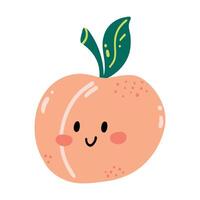 Cute hand drawn peach smiling. Kawaii funny fruit character for kids vector