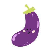 Cute hand drawn eggplant smiling. Kawaii funny vegetable character for kids. vector