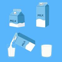 Set of milk packages and glass. Vector illustration of dairy product in flat style.