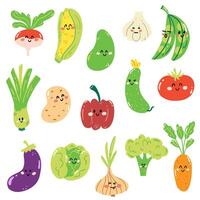 conjunto de mano dibujado vegetales en dibujos animados kawaii estilo. linda maduro verduras en infantil estilo para imprimir, menú, niños juego. vector