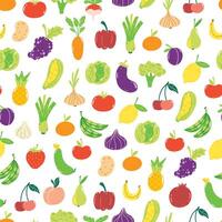 Hand drawn seamless pattern with cute fruits and veggies on white background. Colorful wallpaper for print, wrapping paper, textile. vector