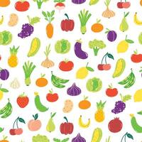 mano dibujado sin costura modelo con linda frutas y verduras en blanco antecedentes. vistoso fondo de pantalla para imprimir, envase papel, textil. vector