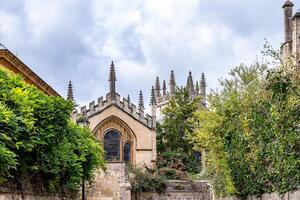 Historic stone building with Gothic architecture surrounded by lush greenery under a cloudy sky. photo