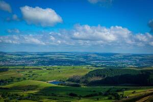 Breathtaking panoramic view of lush green countryside under a dynamic sky with fluffy clouds in Peak District, England. photo