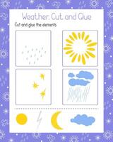 Weather elements doodle style papercraft, cut and glue educational activity for children, DIY, simple vector illustration printable worksheet, leisure activity learning concept, teacher resources