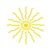 Simple yellow sun vector flat illustration with round shape middle and curly beams, cute summer image for making cards, decor, vacation concept, holiday and summertime design for children