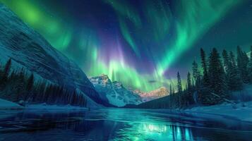 AI generated Dazzling hues dance in the night sky, a vivid display of Aurora Borealis, Ai Generated. photo