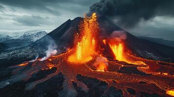 ai generado volcánico erupción desata ceniza fluir y fundido lava, un ardiente fuerza de naturaleza, ai generado. foto