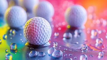 ai generado golf pelotas descanso en medio de un vibrante y vistoso fondo, evocando un dinámica atmósfera. ai generado. foto