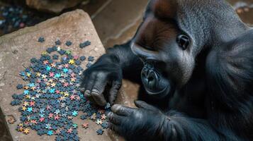 AI generated Cute gorilla engrossed in a jigsaw puzzle, adding a whimsical touch, Ai Generated. photo