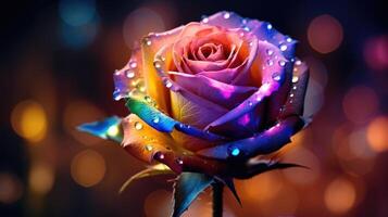 AI generated A stunning multicolored rose, adorned with delicate dew drops, captivates in an enchanting close-up view. Ai Generated. photo