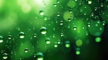 AI generated Close-up captures bright green water droplets suspended in the air, creating a bokeh effect. Ai Generated. photo