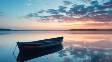 AI generated A lonely wooden boat floats on a lake, its reflection mirrored in the calm waters, Ai Generated. photo