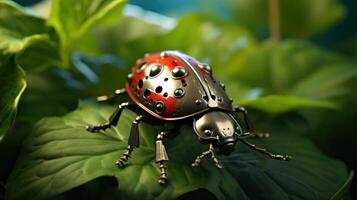 AI generated Metal ladybug resting gracefully on a vibrant green leaf, adding a touch of whimsy to nature, Ai Generated. photo