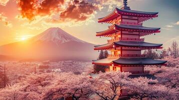 ai generado Cereza florecer arboles marco un hermosa japonés templo, creando un sereno y encantador escena, ai generado. foto