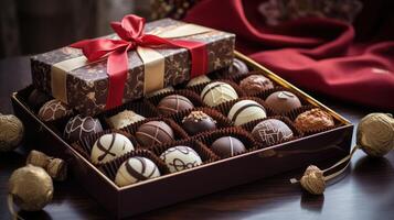 AI generated Elegant chocolate bonbons, varied fillings, exquisite decorations. Pure indulgence, Ai Generated. photo